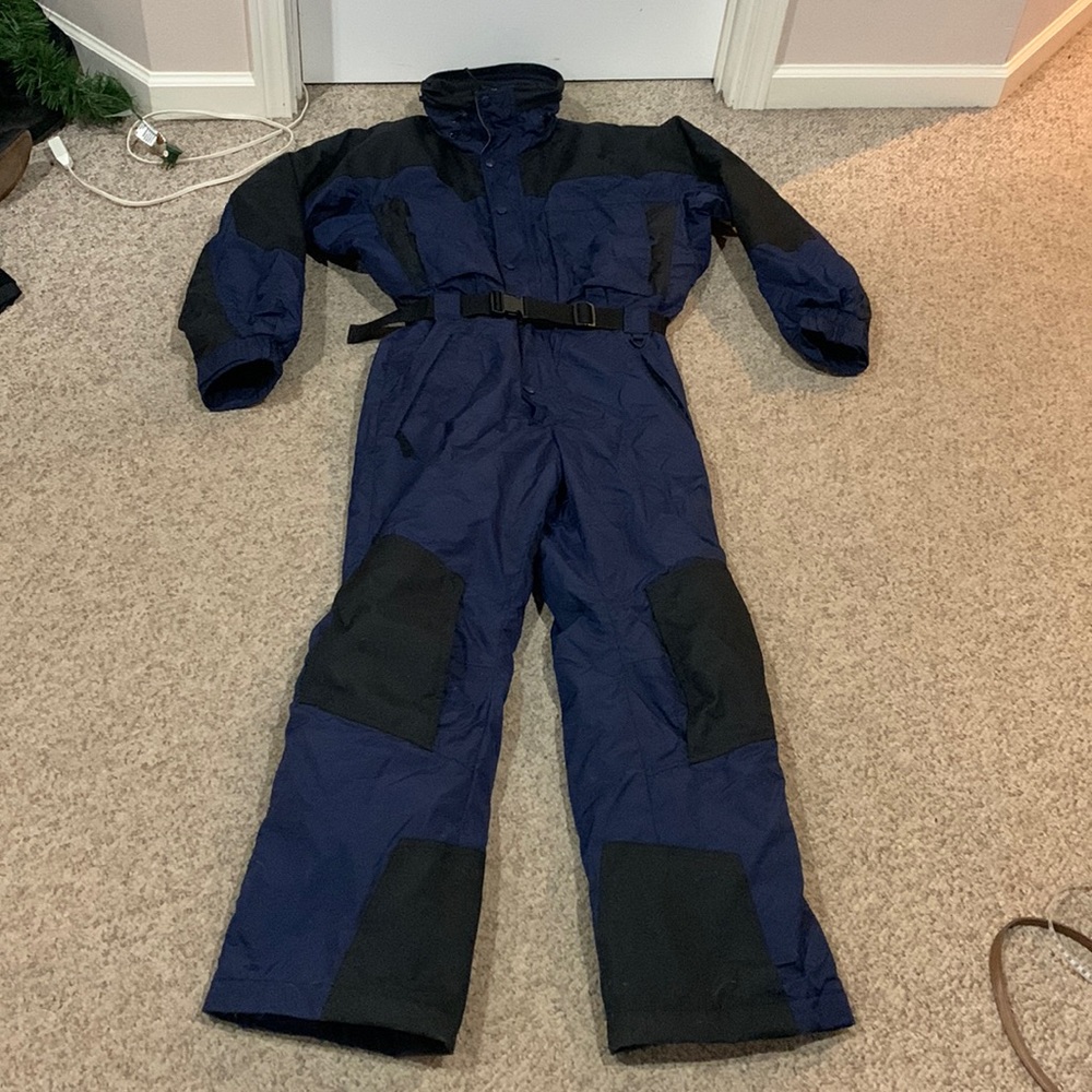 Vtg Columbia Navy black yellow Colorblock one pc Ski board pant suit belted L